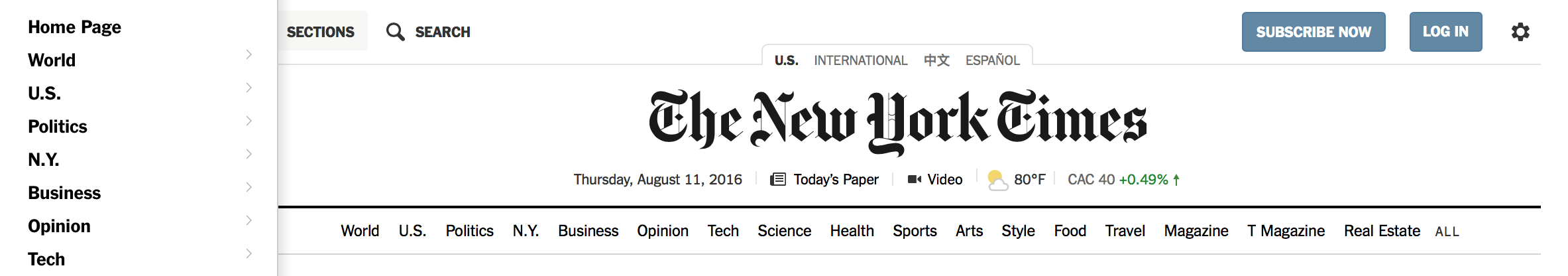 A screenshot of the New York Times masthead showing the signature typography with the date, weather, and main sections listed below.