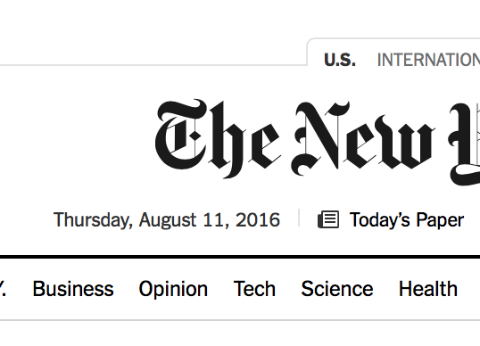 A screenshot of the New York Times masthead showing the signature typography with the date, weather, and main sections listed below.