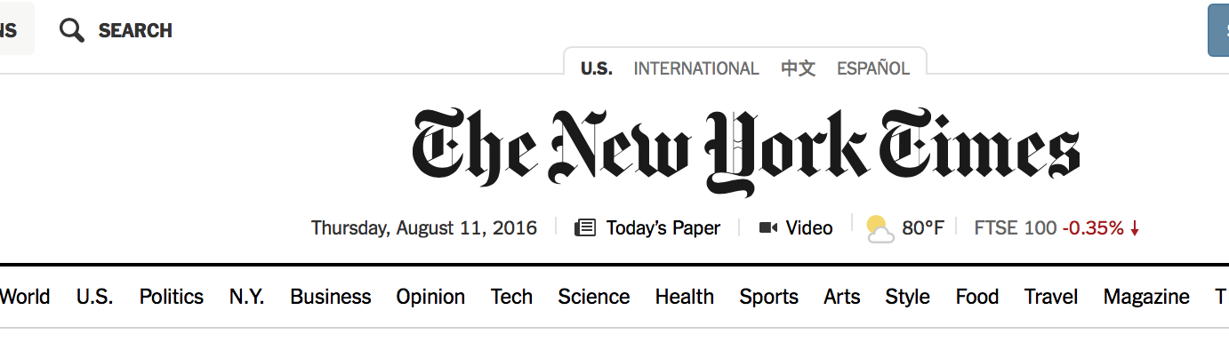 A screenshot of the New York Times masthead showing the signature typography with the date, weather, and main sections listed below.